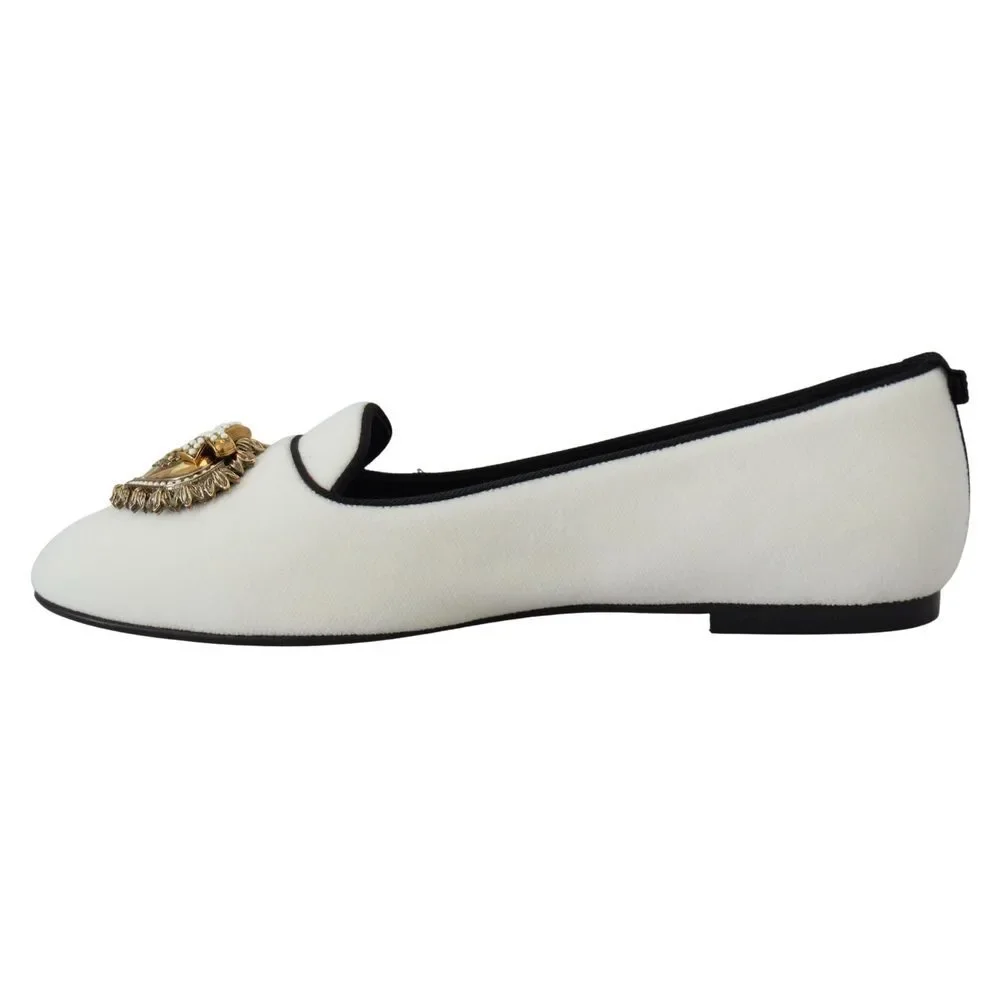 Dolce & Gabbana Elegant White Velvet Loafers with Gold Heart Detail - Picture 6 of 9